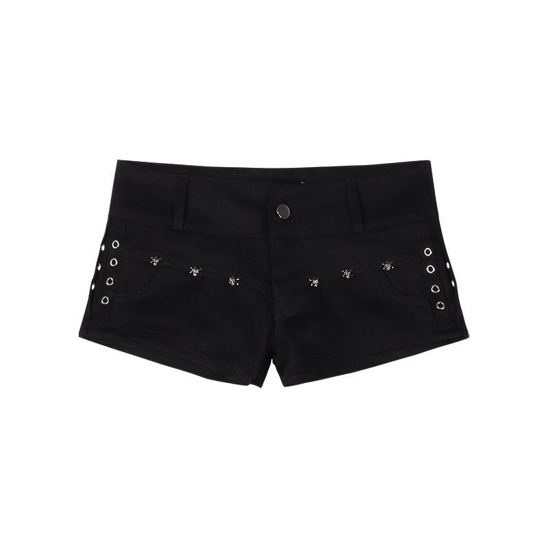 Pantaloncini Neri di Jeans Sexy a Vita Bassa Spicy Girl - Hot Pants Svasati Snella per Donna