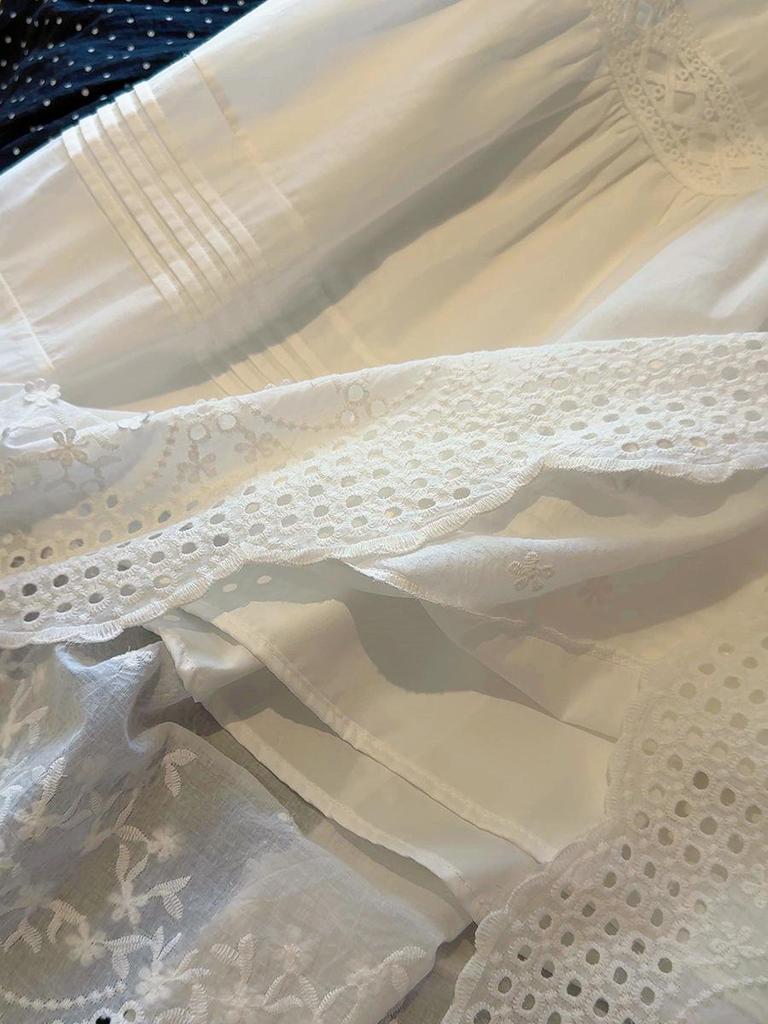 French White Embroidered Lace Mid-Length Umbrella Skirt for Women
