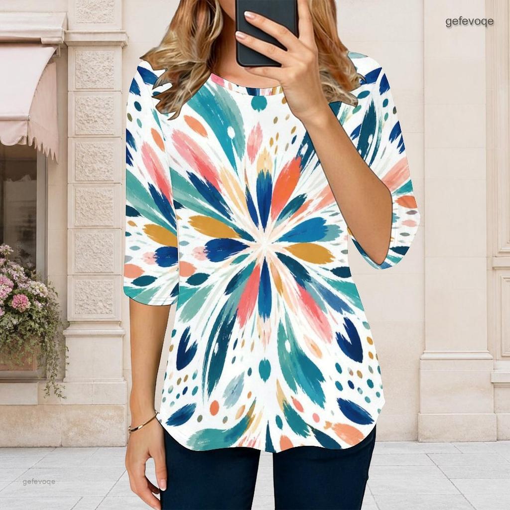 Women Plus Size Round Neck Elbow Length Multicolor Printed Curved Hem T Shirt