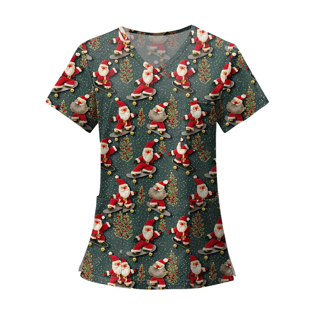 Women's Fashion Printed Short Sleeve V Neck Pattern Tops Pocket Working T-shirts