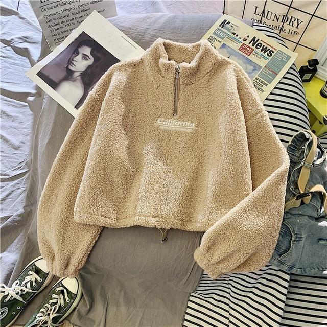 Herbst Winter Warme Kaschmir Sweatshirt frauen Mode Plüsch Lose Brief Koreanische Kurze Jacke Sweatshirt