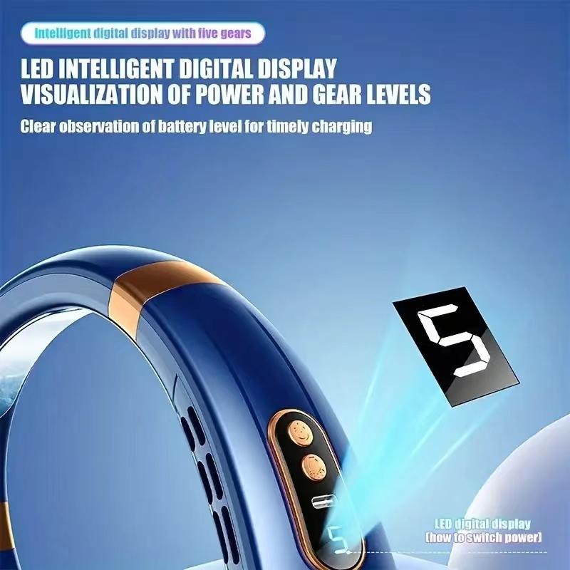 New Portable Bladeless Hanging Neck Fan with LED Digital Display Ice Ceramic Cooling Colorful Light