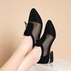 Square Heels Block Heel Moccasins Pointed Toe Mesh Low Elegant Chunky Normal Leather Casual Hollow Black Shoes for Women Shoe L