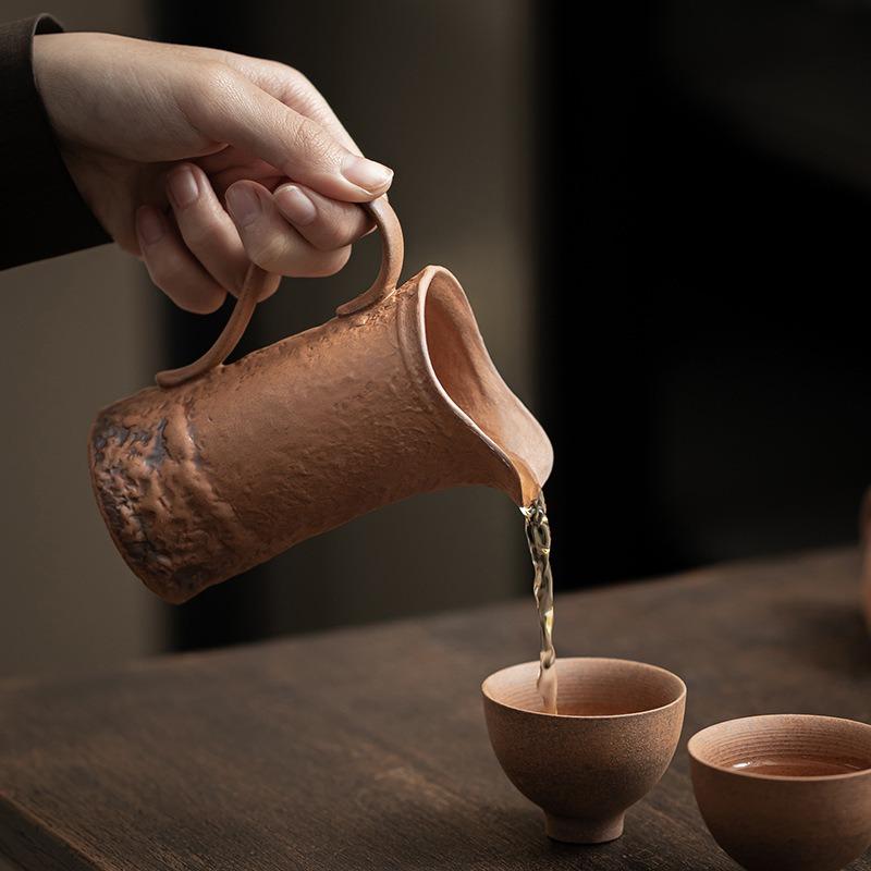 Coarse Pottery Retro FairnessCup Old Rock Mud Relief Pilgrimage Handheld Tea Pitcher Kung Fu Ceremony Pouring Vessel Brewing Set