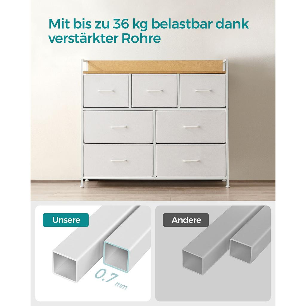 SONGMICS LTS523W57 Chest of Drawers, Closet, Storage Unit, 7 Drawers In Fabric with Handles, Metal Frame, Modern Style, White and Wood Colour