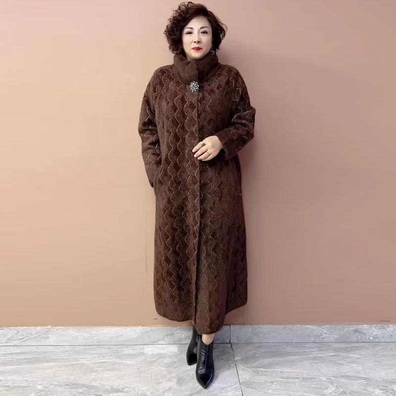Winter Women's Long Mink Fur Coat  Stand Collar Thick Warm Mink Fur Overcoat Plus Size Fur Coat