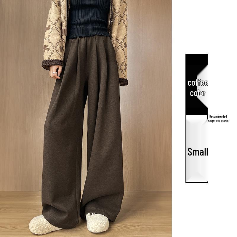 Women s Coffee Color Wide-Leg Acetate Wool Tweed Pants - Plus Velvet, Spring/Autumn Casual Drape