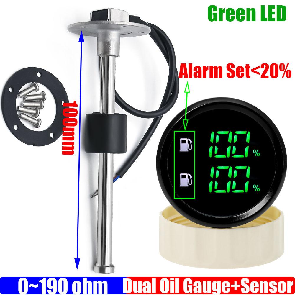 Green LED Digital Dual Gauge with Alarm 52MM Dual Fuel Level Gauge for Fuel Level Sensor 0-190ohm Oil Tank Meter Boat Car Custom
