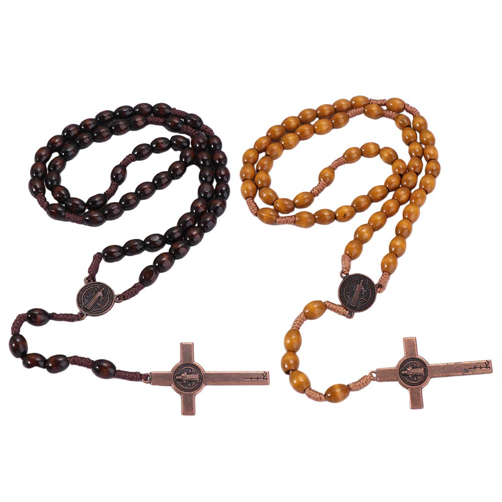 Wood Wood Beads Necklace Religious Crucifix Pendant Chain Handmade Rosary Necklace Church