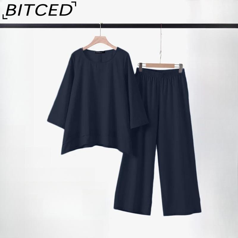 BITCED Women's Solid Vintage Pants Set Cotton Linen Casual Long Sleeve Loose Cotton Set