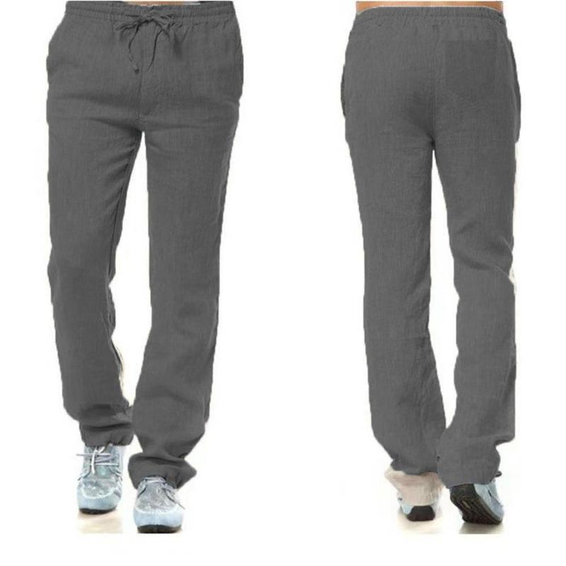 Men's Cotton Linen Pants Male Autumn Breathable Solid Color Linen Trousers Joggers Fitness Streetwear Back With Pocket