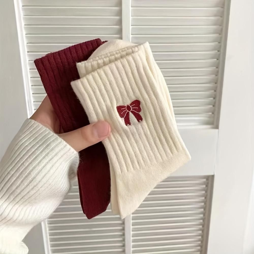 Șosete elegante din poliester cu dungi pentru femei cu detaliu fundă – pachet 5 perechi, 80% poliester 20% elastan, colecția de toamnă/iarnă