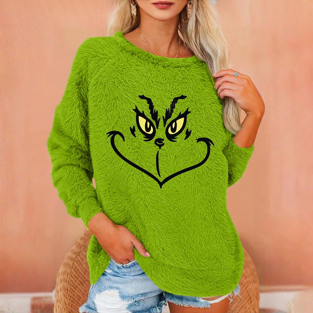 Women's Fashionable Round Neck Long Sleeved Christmas Printed Loose Plush Warm Pullover Top