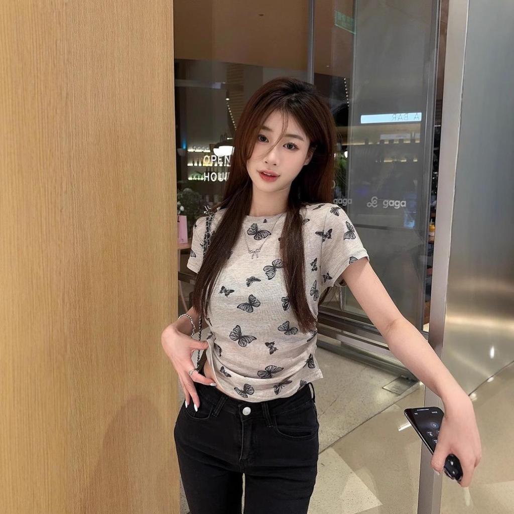 Women's Summer 2025 Butterfly Print Ruched Round Neck Short Sleeve Slim Fit Top