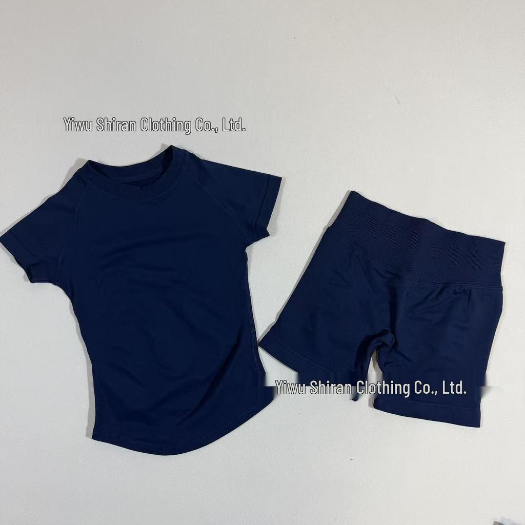 Damen nahtloses kurzärmeliges Sportset mit hoher Elastizität und atmungsaktivem schweißableitendem T-Shirt