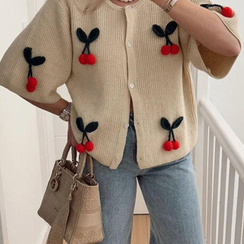 European and American Personalized 2024 Cherry Decoration Pure Color Sweet Round Neck Knitwear Loose Leisure All-Matching Cardigan Top
