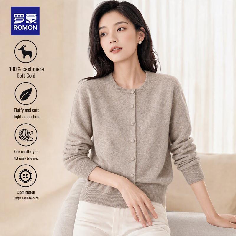 ROMON Women's 100% Pure Cashmere Crewneck Cardigan