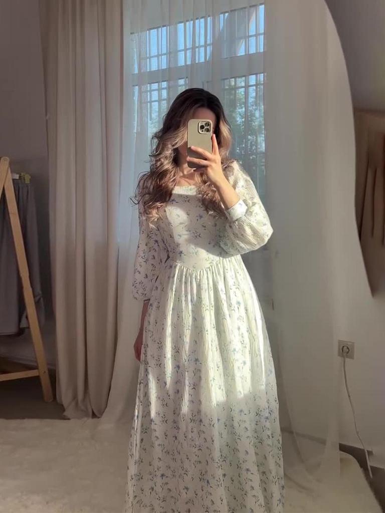 2025 Floral Fairy Intellectual Style Waist-Hugging Square Neck Tie-Up Long Dress