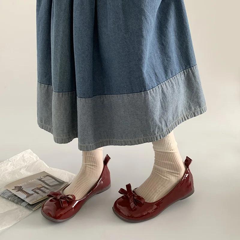 Fashion Retro Bowknot Patent Leather Women's Ballet Flats Shoes Autumn Slip On Flat Shoes Round Toe Flat Loafer Female Mary Jane Shoes
