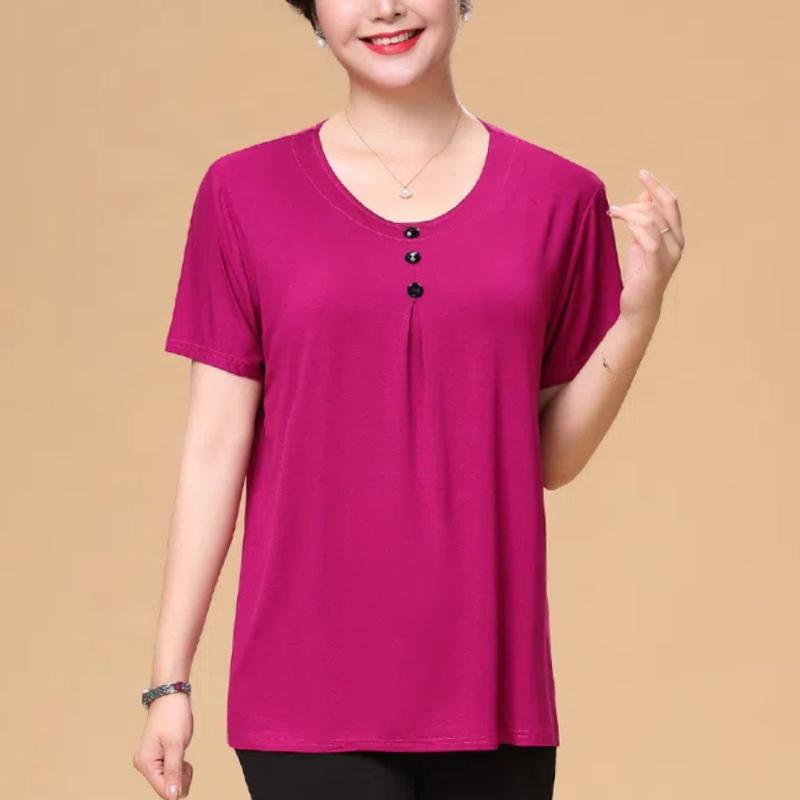Simplicity Casual Summer Solid New Women's Round Neck Button Temperament Fashion Versatile Loose Short Sleeve T-Shirts Tops