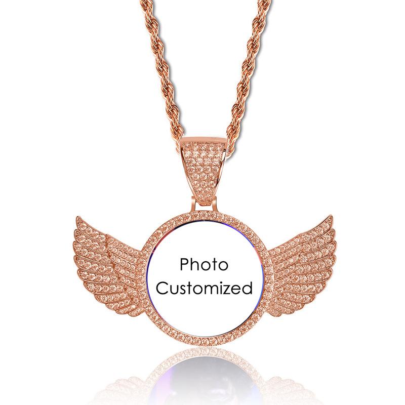 

Custom Po Pendant Necklace For Women Men Iced Out Bling Cubic Zirconia Wing Stainless Steel Chain Hiphop Jewelry Memory Gifts 60cm rope chain&Customized Type&Commonly