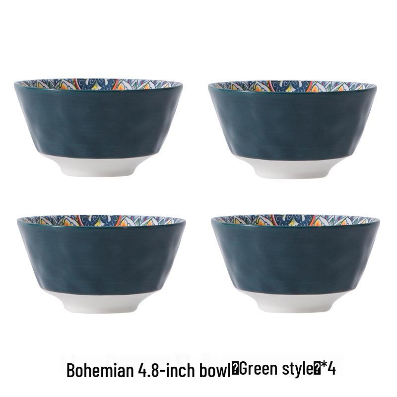 Bohemian Ceramic Rice Bowl Set - High-Temp Resistant, Colorful Underglaze Design
