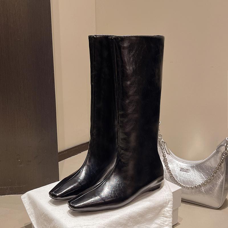 Fashion 2025 New Luxury Designer Square Toe Women Knight Boots Elegant Female Wedges Low Heel Long Booties Zapatos De Mujer