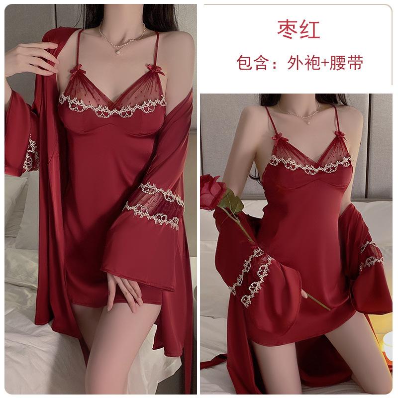 Women's Satin Sheer Mesh Fitted Backless Cami Sleep Dress with Robe Lounge Set