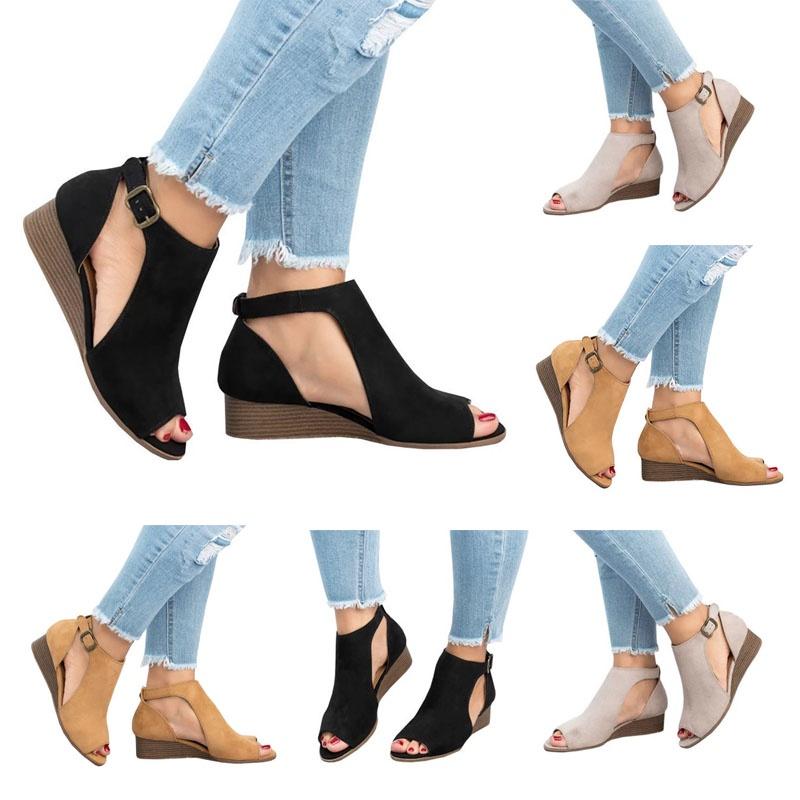 Stylish Women's Ladies Peep Toe Wedge Sandals Featuring Buckle Ankle Strap For Versatile Looks