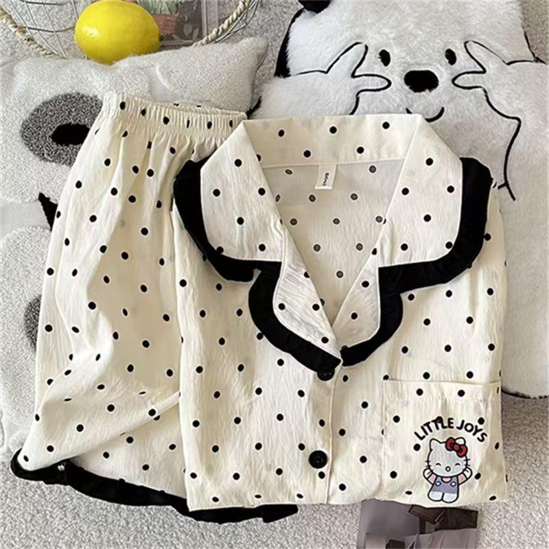 Japanese sweet and cute polka dot HelloKitty polka dot pajamas women s summer short-sleeved shorts high-value loungewear S