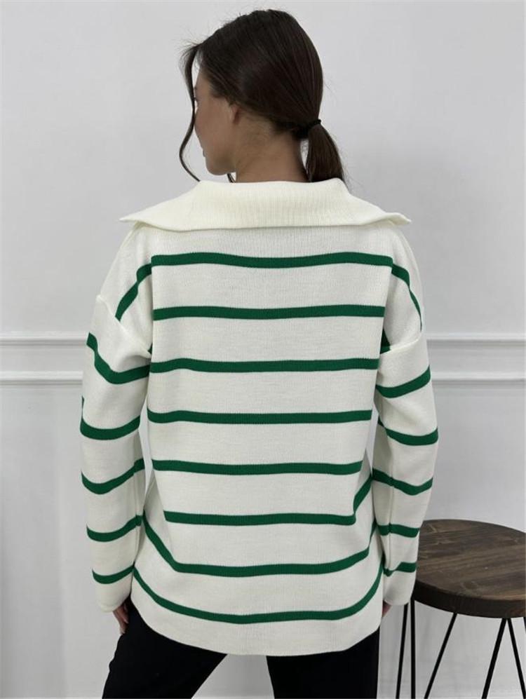 European and American Half-Zip Turn-Down Collar Color Block Loose Plus Size Striped Knitted Sweater Coat
