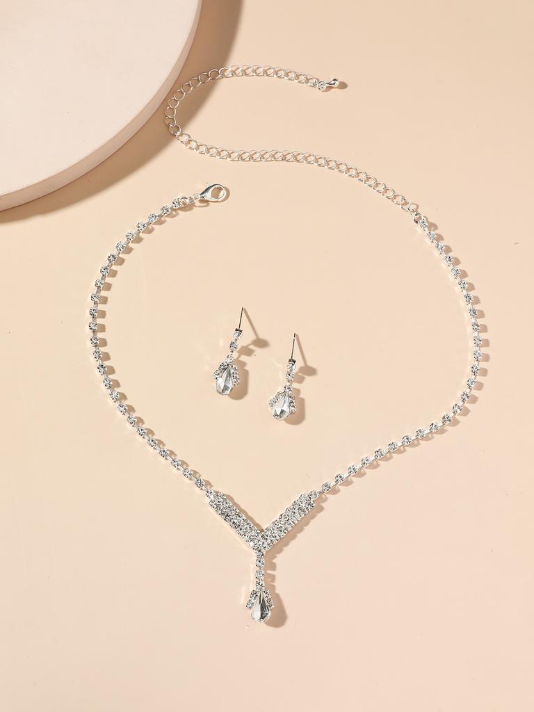 Fashion Rhinestone Love Necklace Earrings Set, Shiny Bridal Necklace Earrings