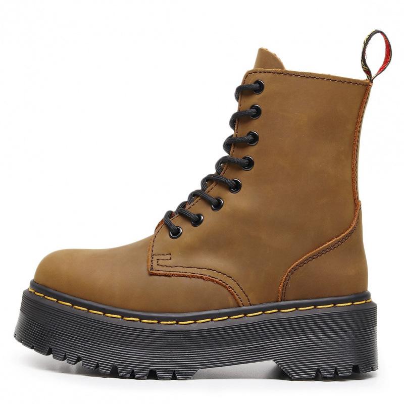 First layer thick bottom hole locomotive boots women, side zipper Crazy Horse brown short boots leather loose