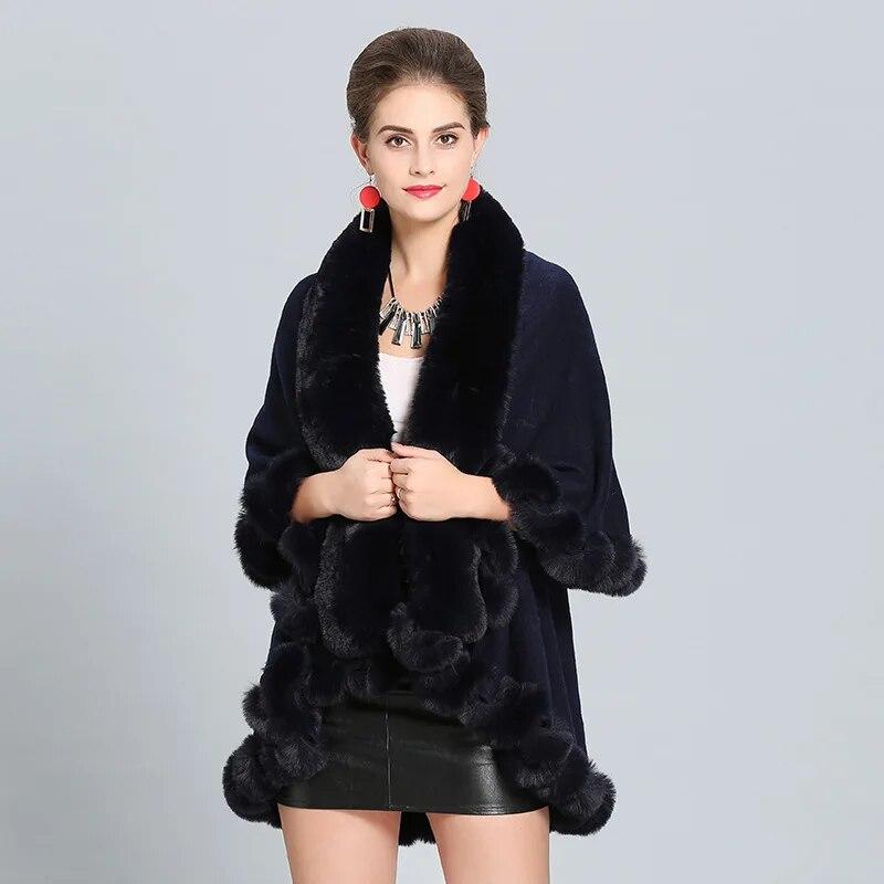10 Colors Winter Warm String Faux Fox Fur Long Knitted 2 Layer Poncho Cape Cloak Oversize Women Cardigan Loose Shawl Street Coat