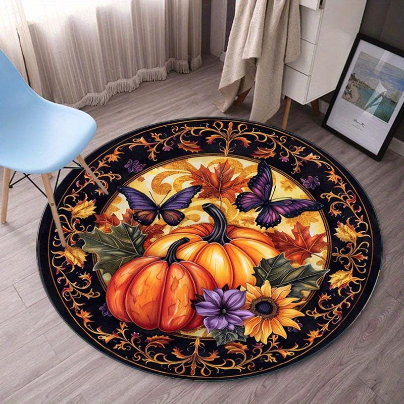 Pumpkin autumn harvest round rug fall season decor butterfly leaf floral pattern cozy plush carpet home decoration 60cm