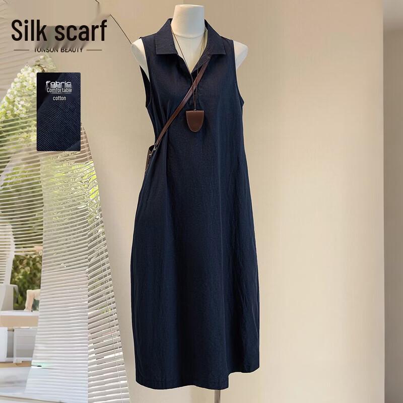 Women s Linen Blend Sleeveless Lapel Midi Shirt Dress S