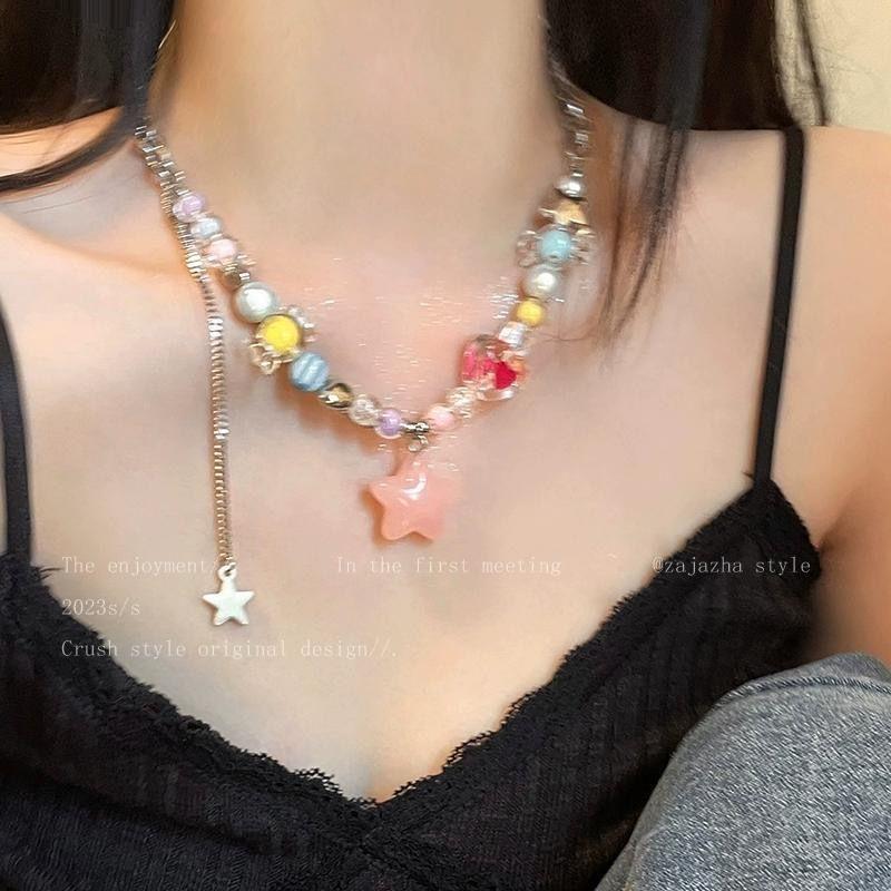 Summer dopamine colored candy fringed star necklace female light luxury high sense collarbone chain sweet cool babe neck chain