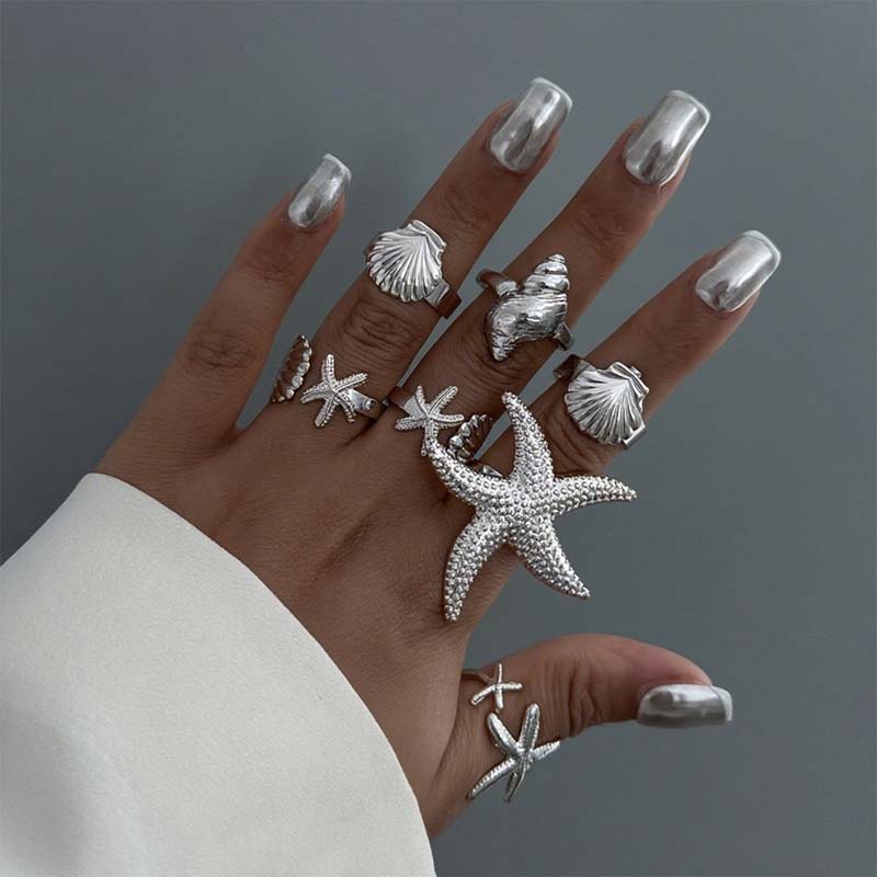 Vintage Gold Color Shell Flower Open Rings Set for Women Exaggerated Metal Geometric Personality Finger Rings Party Jewelry