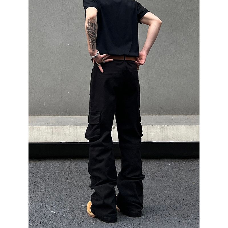 Blaexit American-Style Cleanfit Black Scimitar-Flared Cargo Pants Multi-Pocket Jeans Men's Vibe Pants