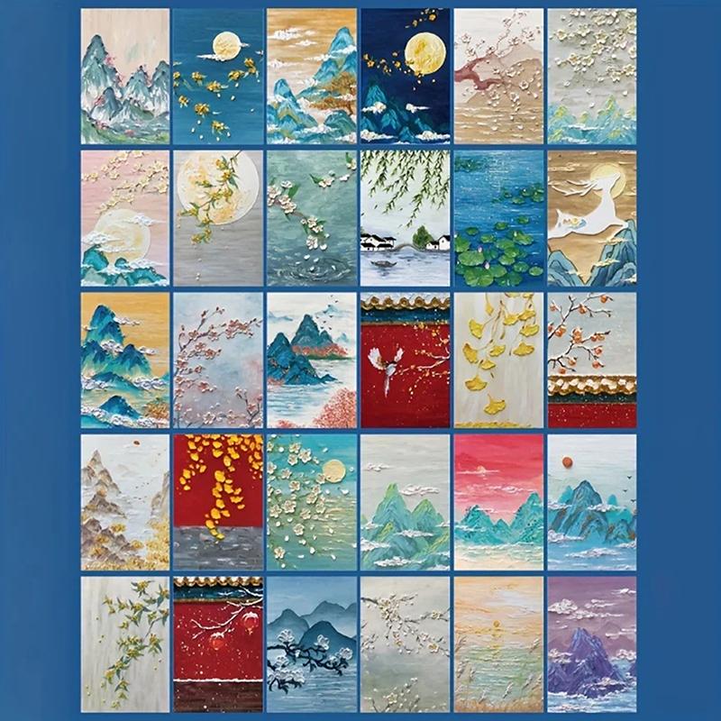 30 Oil Painting Postcards, Art Greeting Cards, Layered Art Greeting Cards, Flower And Grass Mountain Butterfly Moon