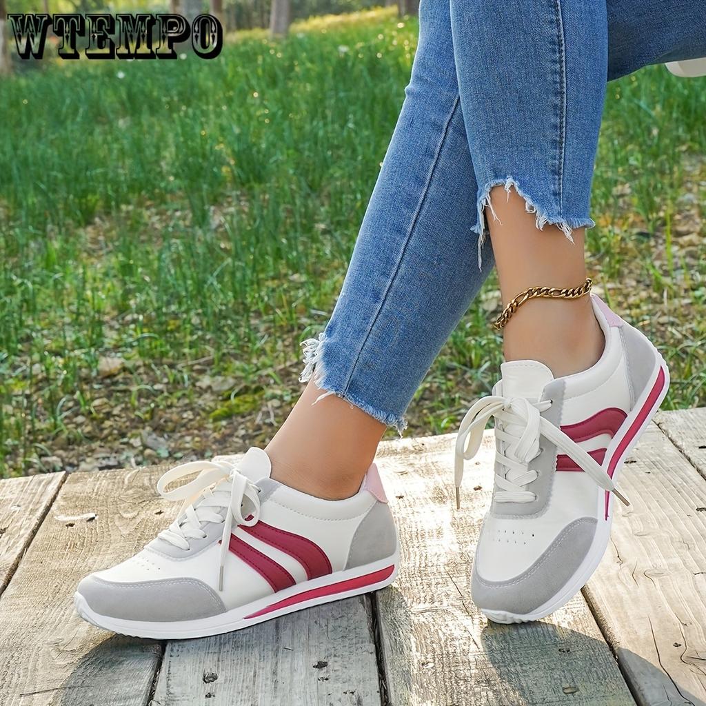 Women's Casual White Sneakers with Blue Accents - Breathable & Comfortable Lace-Up Running Shoes, Low-Top Fitness & Travel Footwear, Soft Rubber Sole