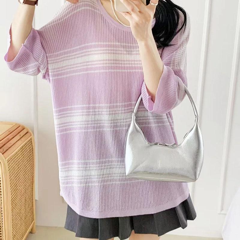 T-shirt for Women Summer Large Size Stripe Cutout T-shirt Soft Loose Casual Comfortable Pullover T-shirt Top