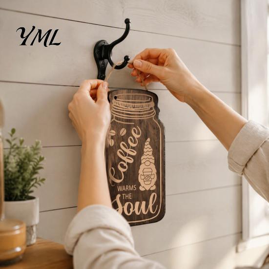Coffee Station Hanging Decoration 4Pcs Bar Wooden Wall Sign, Farmhouse Rustic Mason Jar Kitchen Sign Decoration, Art Plaque for Cafe Dining