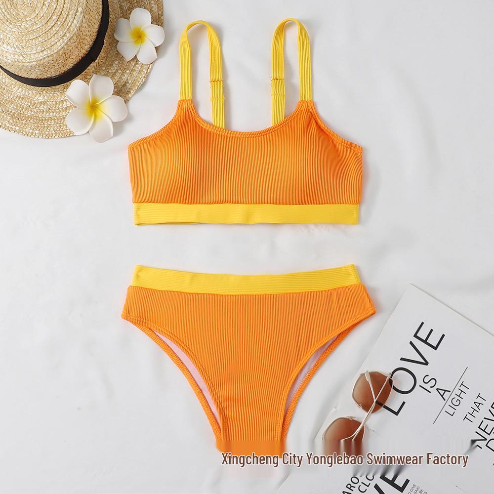

2022 European & American Ribbed Solid High Waist Bikini Swimsuit for Women Small