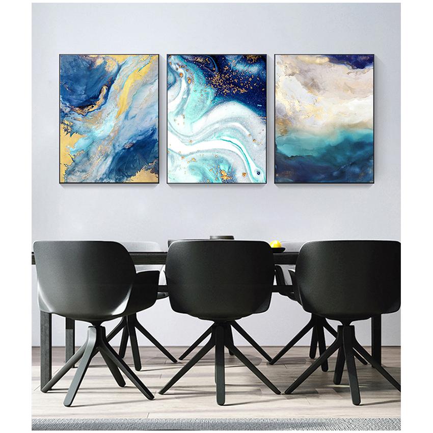 Poster und Drucke Wand Poster Home Decor Abstrakte Goldfolie Fluss Blau Leinwand Kunst Gemälde für Wohnzimmer Schlafzimmer