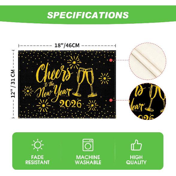 Artoid Mode Black and Gold Cheers to The 2026 New Year Placemats Set of 4, 12x18 Inch Festival Winter Table Mats for Party Kitchen Dining Decoration