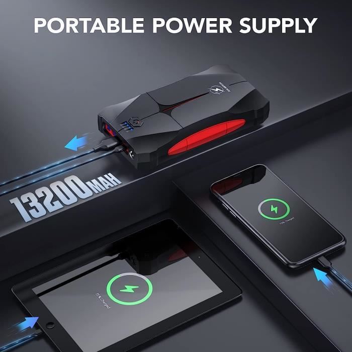 Démarreur Batterie Voiture - FLYLINKTECH - Booster 1500A 13200mAh 12V - Lampe LED - Pince Sécurité - Universel