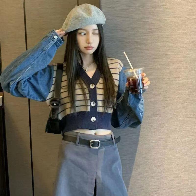 Small Design and Patchwork Denim Sweater Cardigan Autumn Women's Short Contrasting Striped Knit Top Trend