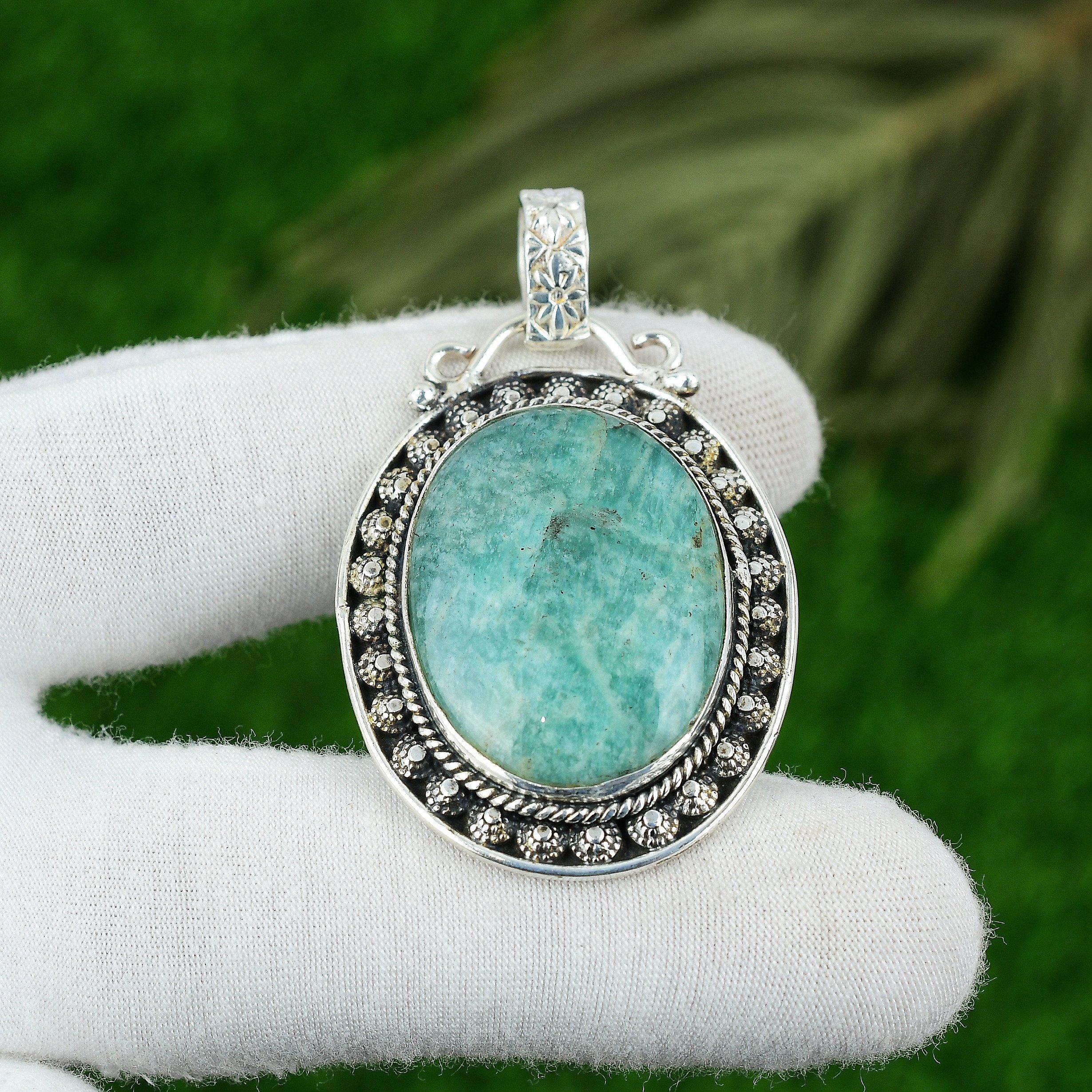 

Oval Amazonite Stone Art Deco Daughter Bezel Pendant Jewelry 925 Sterling Silver