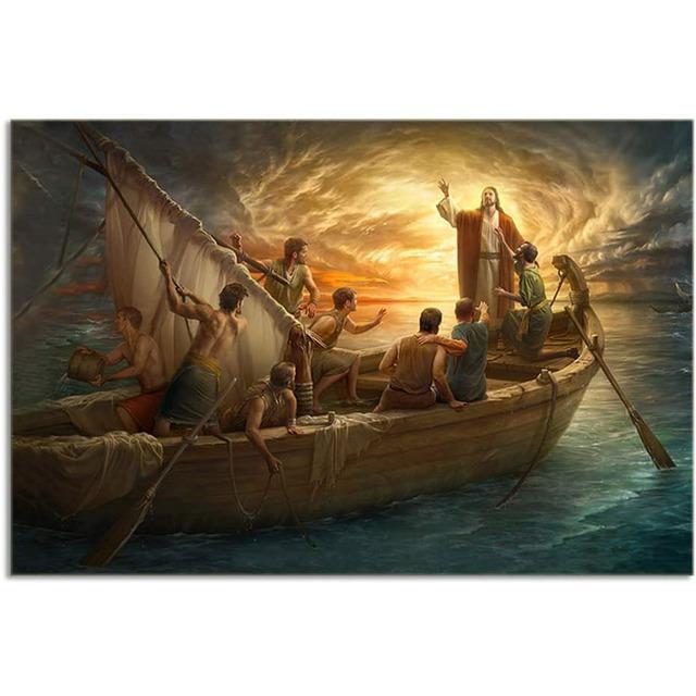 Jesus Christ Boat In The Sea Nature Landscape Wall Art Canvas Painting Posters Pictures Home Decor for Living Room Decorations